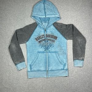 Harley Davidson Motorcycle Jacket Women’s Size Small Blue Gray Full Zip Hoeded
